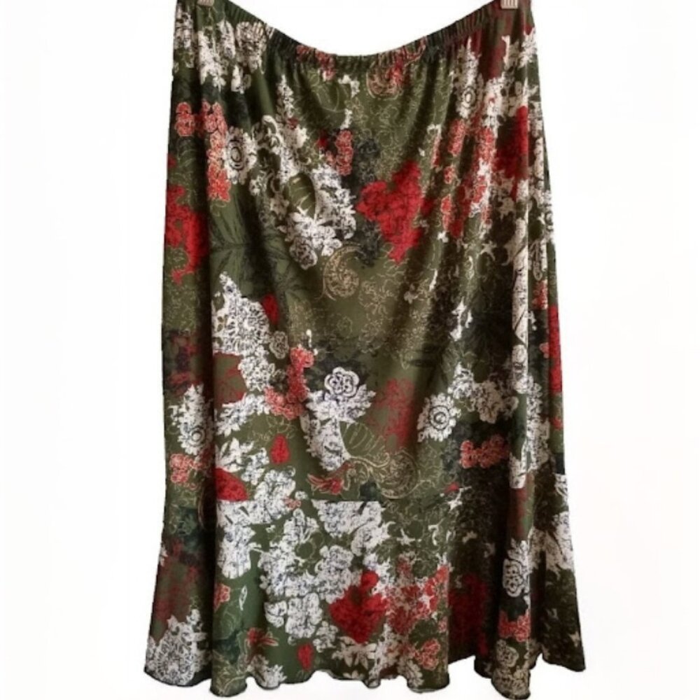 Vtg Women's Floral Midi Skirt Green Red White Boho Cottage core Flowy Sz L